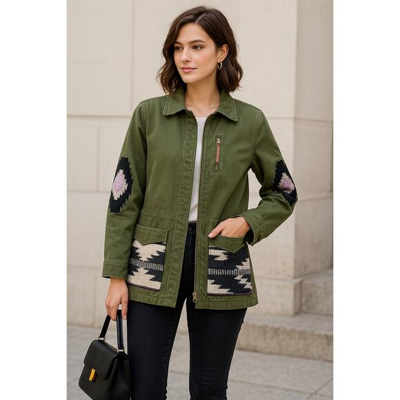 Scotch & Soda Utility Jacket Sz S Olive Aztec Patchwork Cotton Canvas Boho Cargo - Picture 1 of 15